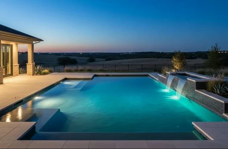 A residential pool lit from within at dusk in Round Rock, Texas